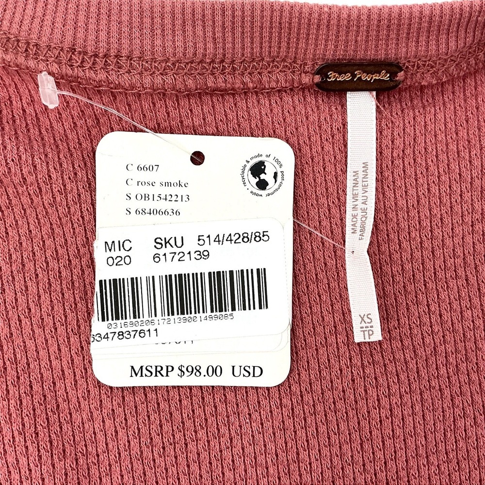 NWT Free People Rose Smoke Thermal Knit Ruched V Neck Long Sleeve Top XS - Picture 7 of 8